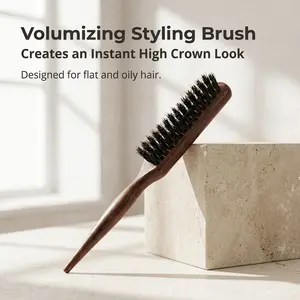 Volumizing Boar Bristle Hair Brush, Wooden Handle Root Lift Styling Comb for Flat Oily Hair, Instant High Crown Hairbrush for Women