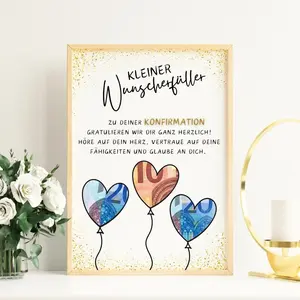 10 German Confirmation Cards, Glitter Heart Balloon Design, Creative Euro Balloon Greeting Cards, Surprise Gifts for Teens and Adults