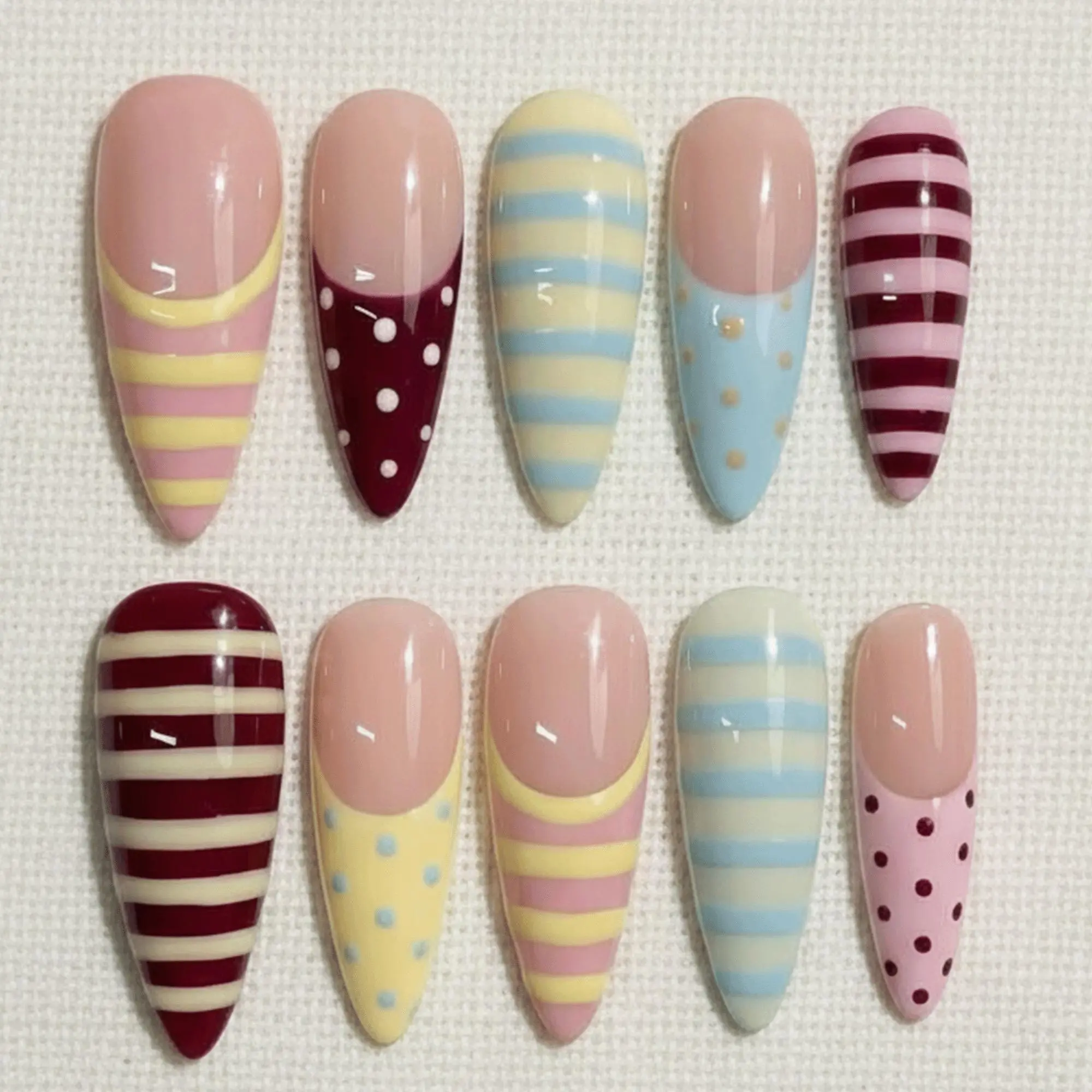 Pastel Striped Press On Nails, Polka Dot Cute Nails, Soft Girl Aesthetic, Handmade Gel Nails, Spring Summer Reusable Nails