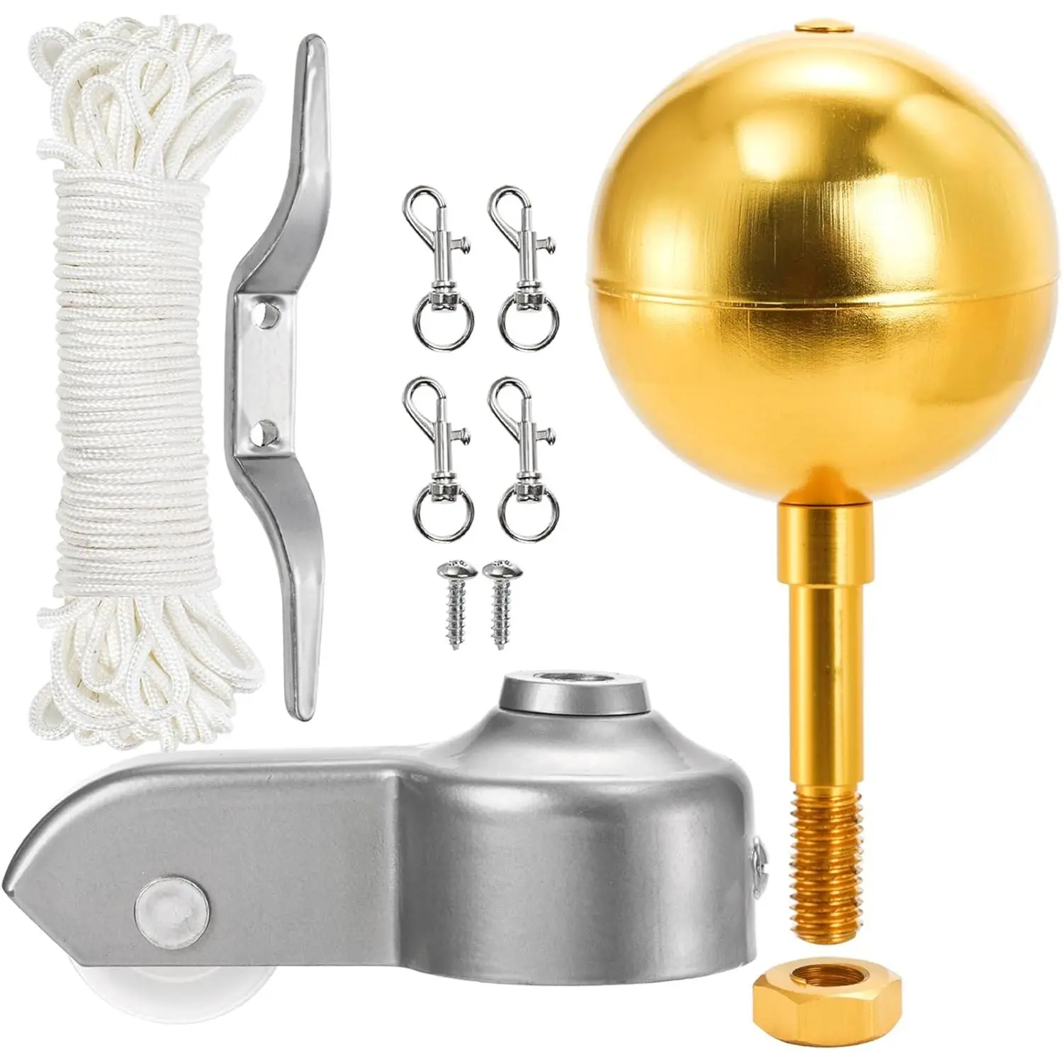 Flag Pole Parts Kits, Flag Pole Hardware Parts Repair Kit, 3" Topper Gold Ball, 50 Feet Halyard Rope, 4" Cleat Hook with 2 Screws, 4 PCS Swivel Snap Hooks, Flagpole Pulley Truck for 2" OD Tube