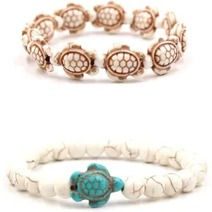 2 count Sea Turtles Beads Bracelet Elastic  Stone Stretch Bracelet Turquoise Turtle Bracelets Friendship Gifts for Women Men Girls
