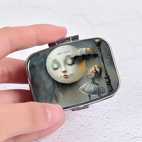 Vintage Whimsical Girl Kissing Moon Pill Case, Healthcare Aid Portable Plastic Double Compartment Organiser, Cute Travel Pill Box for Women Medical Organizer