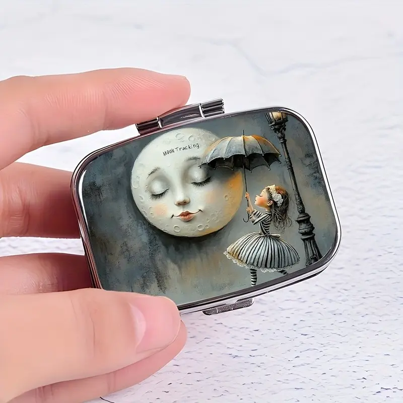 Vintage Whimsical Girl Kissing Moon Pill Case, Healthcare Aid Portable Plastic Double Compartment Organiser, Cute Travel Pill Box for Women Medical Organizer