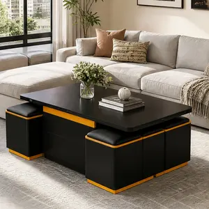 ARCH Lift-Top Coffee Table with Storage Stools, Modern Center Table with Foldable Top, Multi-Functional Adjustable Coffee Table for Living Room, Black/White MDF, 47.2x23.6x16.9 in, 4 Stools Included, Black/White Color Options, MDF Material