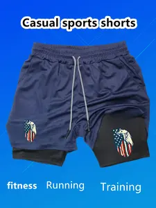 American Eagle flag printed two-in-one double-layer casual sports shorts, suitable for summer men's lightweight quick-drying zipper pockets breathable elastic waistband with drawstring comfortable running training mobile phone shorts