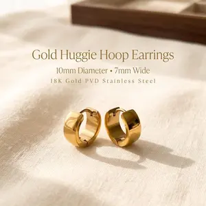 Gold Huggie Hoop Earrings, 10mm Waterproof Stainless Steel