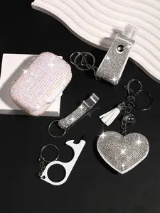 Fashion Silver Color Keychain Set, Rhinestone Hand Sanitizer Bottle, Heart Shape Keyring Accessory, Opener Keychain and Small Box Gift for Women