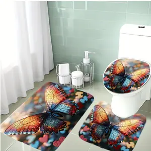 3-Piece Bathroom Mat Set, Soft Flannel Material, Anti-Slip Bath Rug, Butterfly Design, Traditional Style, Holiday Decoration, Toilet
