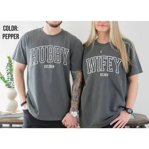 Wifey and Hubby EST. 2024 Shirt, Wedding Gift, Trendy Retro Comfort Colors Wifey T-Shirt, Trendy Hubby Shirts, Honeymoon Outfit, Casual Womenswear
