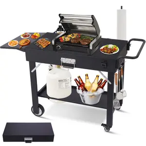 FWTI DEAL Grill Cart for Blackstone Griddle, Portable Outdoor Grill Table, Foldable Cart Table with Wheels for Ninja, Fit 17 Inch - 22 Inch, Dual-Shelf BBQ Prep Station with Caddy & Hooks