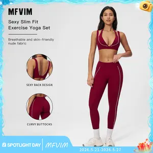 MFVIM 2 Piece Nude-Feel Color-Block Sports Set - Women's Yoga Outfit with Contrasting-Line Bra, High-Waisted Figure-Flattering Long Pants, Fitness Outfits for Gym, Workout Sets