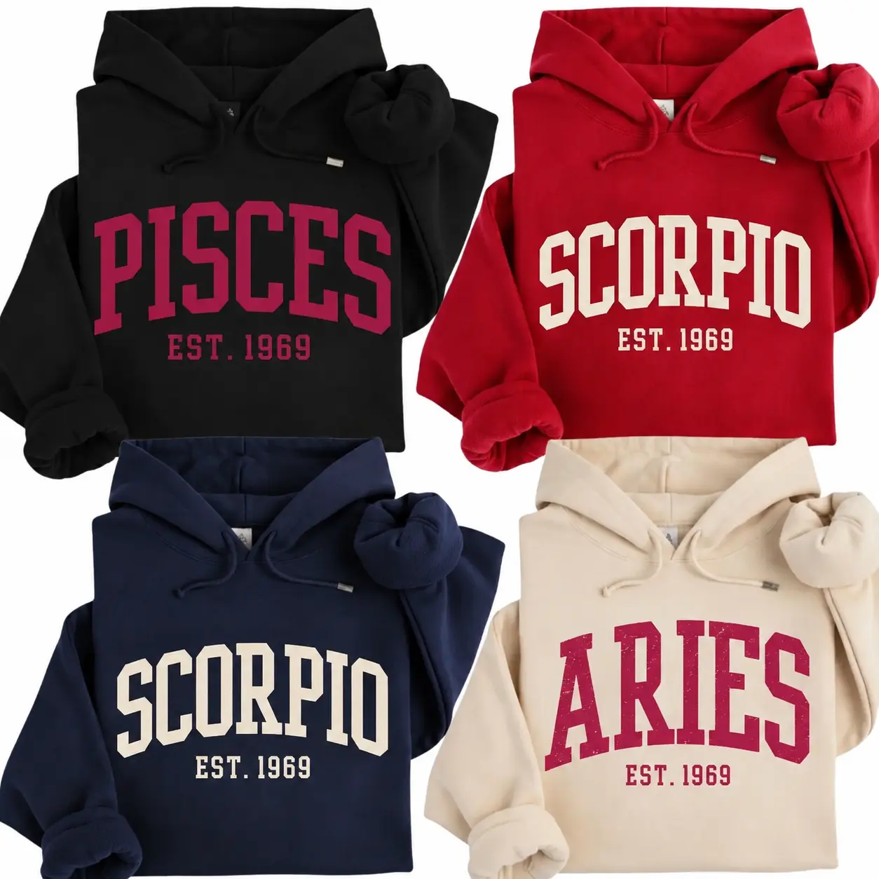 Women's Custom EST Year or Non-EST Zodiac Sign Hoodie - 1969 Vintage College Style Pullover, Pisces/Scorpio/Aries Astrology Design, Birthday Gift - Philip82 Store