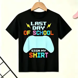 Kids' Graphic T-Shirt, 'Sign My Shirt' Retro Pixel Art Tee, Soft Cotton-Poly Blend Short Sleeve Top for Last Day of School, Graphic Girls' T-Shirts