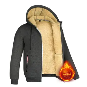 Men's Winter Fleece Lined Hooded Jacket, Fleece Lined Lamb Wool Like Zip Up Coat