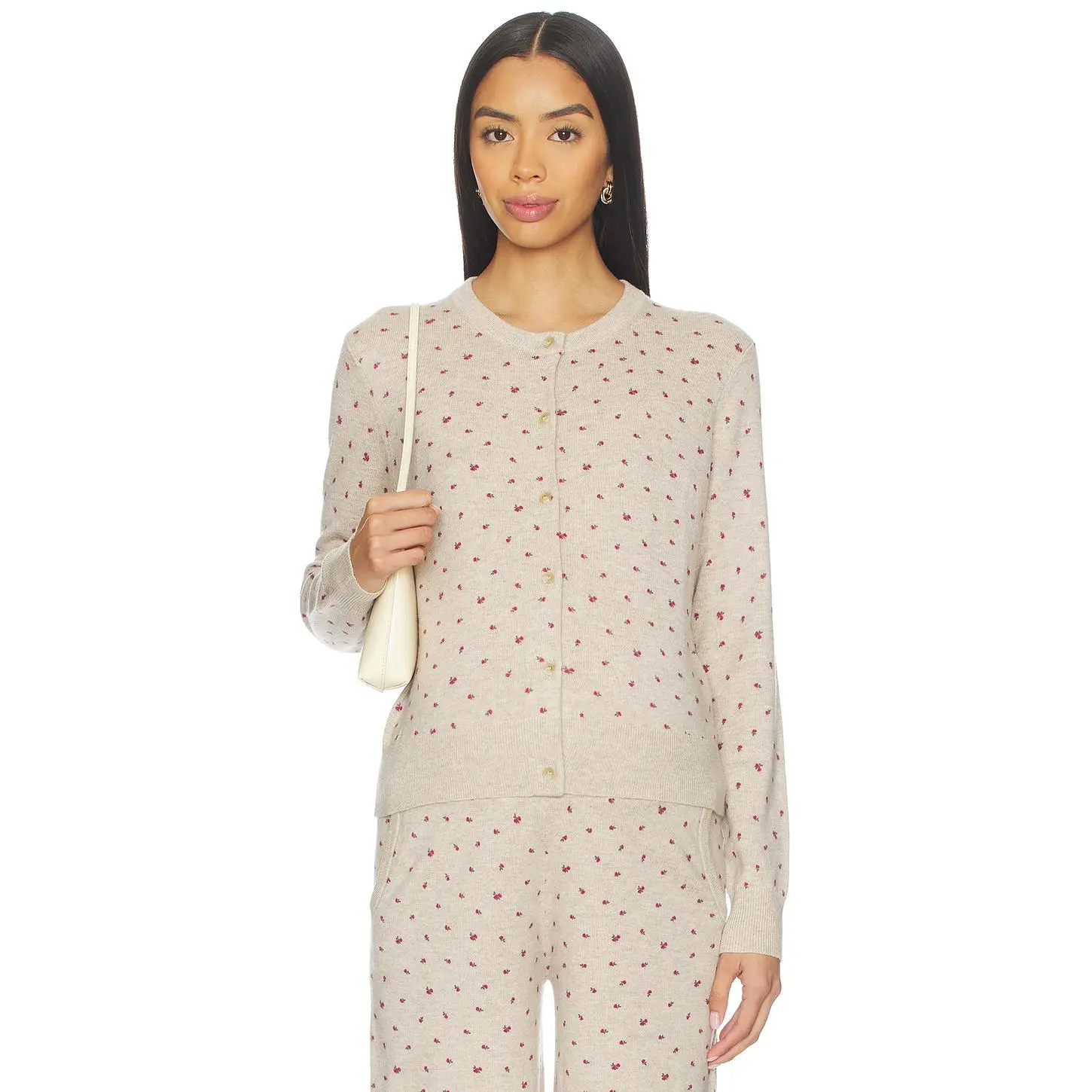 HATCH The Nora Floral Knit Cardigan in Oat Melange