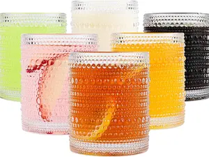 Vintage Glassware Drinking Glasses Set of 6,12 oz Hobnail Glass  Clear Water,Juice and Various Mixed Drinks- 1 Cleaning Brush