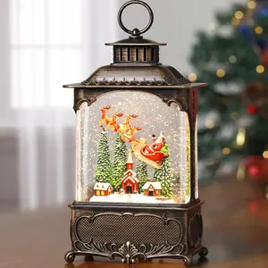 Christmas Snow Globe Lantern Village, Lighted Indoor Christmas Decorations for Home with Music Timer Glitter, Santa Claus Church Scene Festival Gifts, USB & Battery Operated