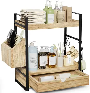 2-Tier Bathroom Counter Organizer with Drawer and Basket, Wood Countertop Organizer for Storage, Skincare Organizers for Vanity, Counter Shelf for Bathroom Organization(Dark Brown)