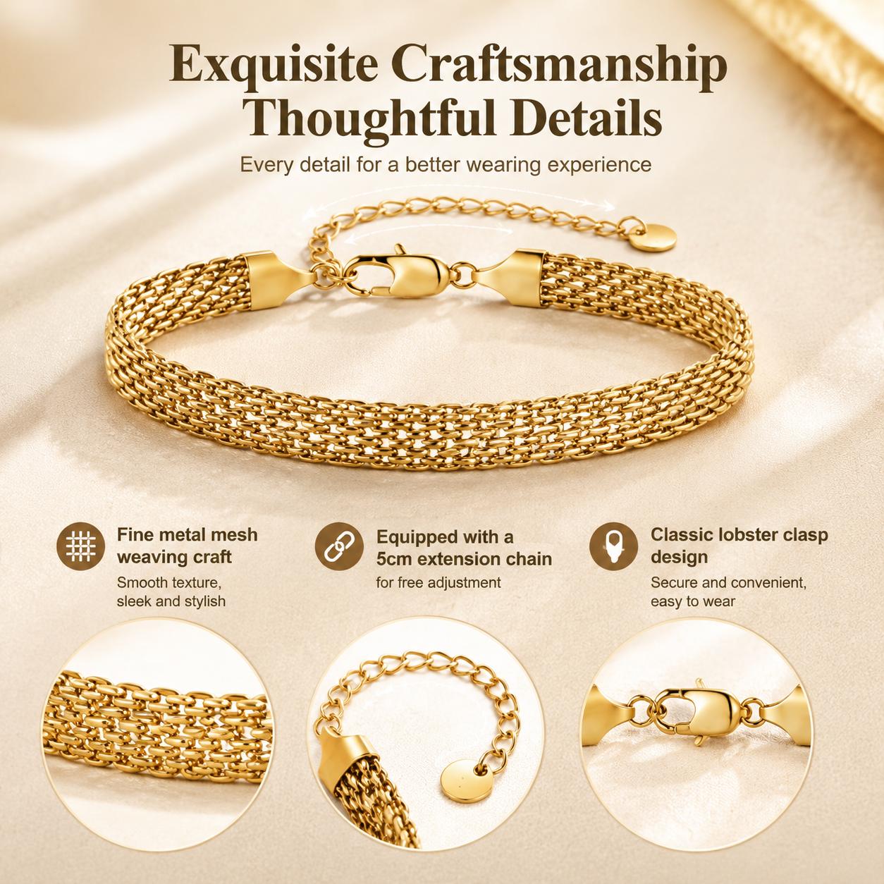 Waterproof Chunky Chain Bracelet for Women - 14K Gold Plated Trendy Adjustable Chain Bracelet - Lightweight Stainless Steel Jewelry | Gold Bracelet for Women, Mesh Bracelet Weaving Bracelet with Lobster Clasp, Elegant Fashion Jewelry Gift for Her