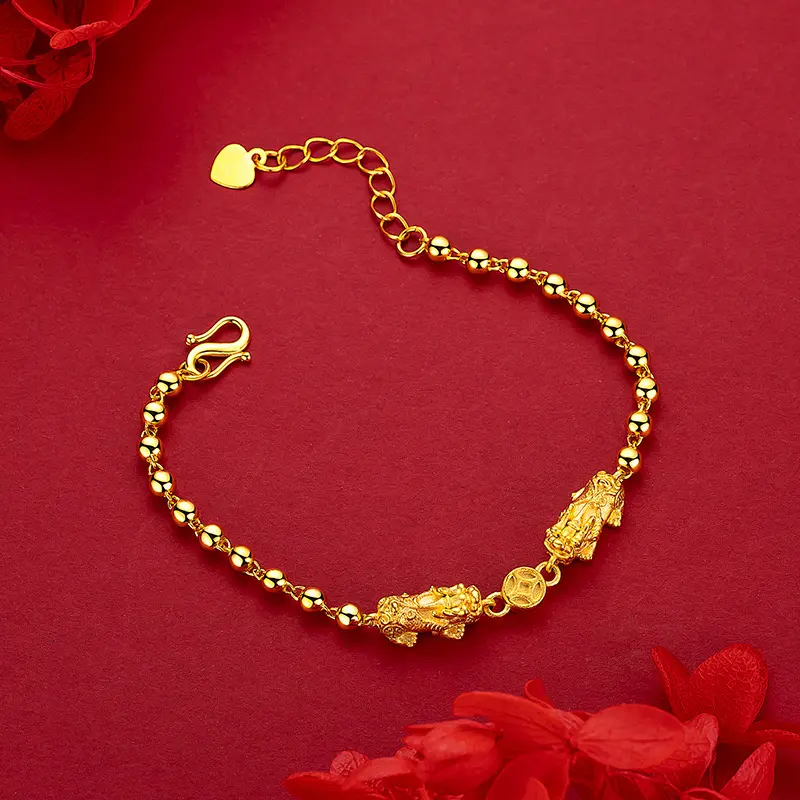 Sand Gold Pi Xiu Gold Brass Figaro Chain Bangle - Taoist Blessed Wealth-Attracting Fortune-Guarding Beast Motif, Shiny Beading, Exquisite Trendy Bracelet, High Quality Bracelet, Fashion Jewelry Accessories, DIY Beading & Jewelry Making Supply