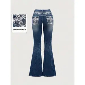 Fashionable Women's Flared Denim Pants with Embroidered Back Pocket Design and Rhinestone Embellishments Jean Womenswear
