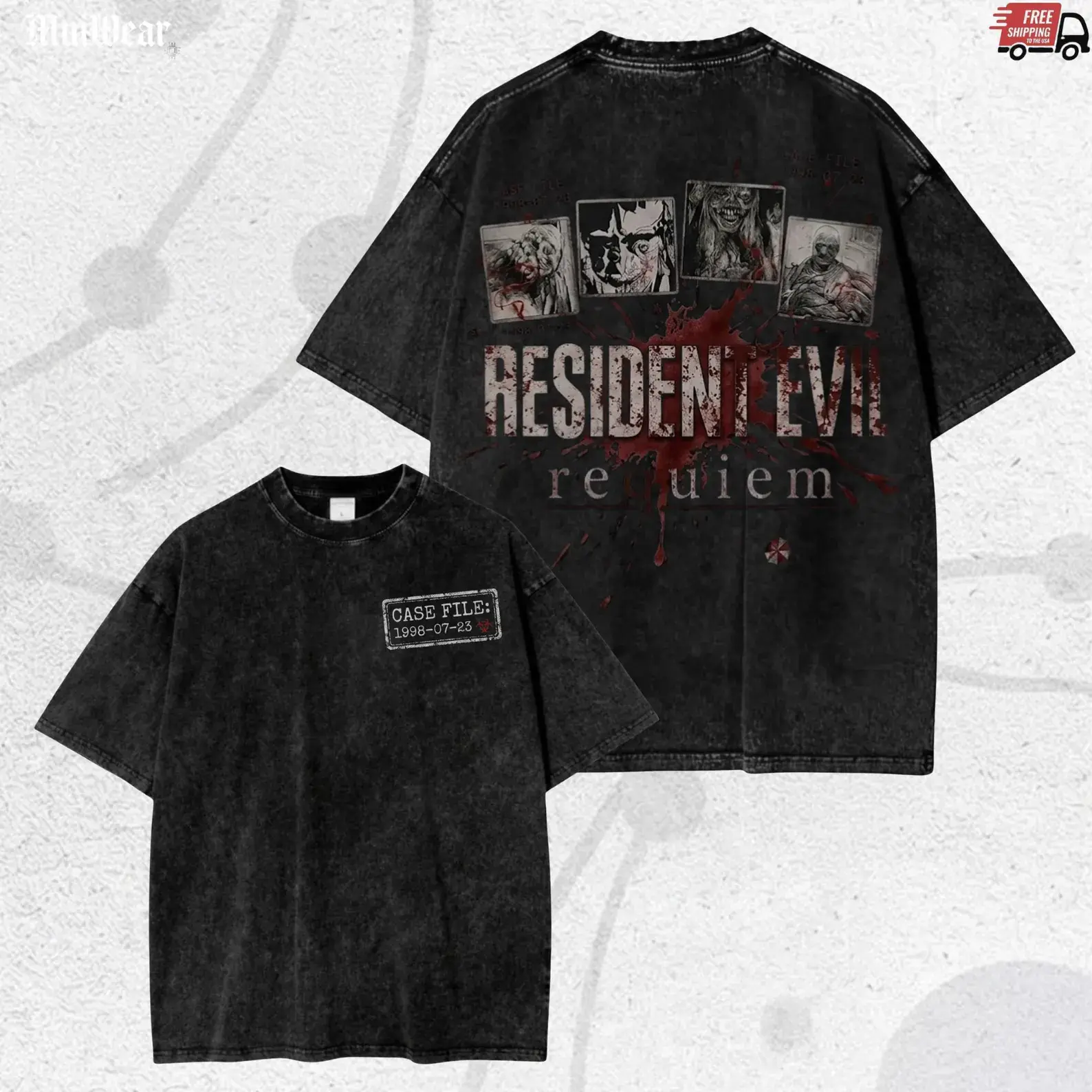 Vintage Washed Fan Gift Streetwear, Resident Evil Shirt, Vintage Horror Graphic Tee, Y2K Gothic, Cyber Sigilism,Dark Survival Game Inspired Oversized Tee with Distressed Blood Print, Crew Neck Short Sleeve Streetwear Top for Men Women, Casual Daily Wear
