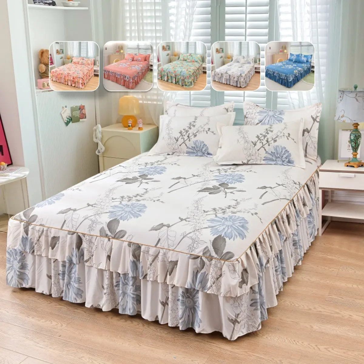2/3pcs Floral Ruffled Bed Skirt Fitted Sheet Set with Pillowcases, Decorative Bedding Set, Bed Sets, Elastic Corner Straps, 38cm Dust-Hiding Drop, Ideal for Home, Apartment & Dorm