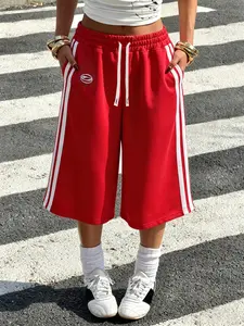 Women's Red Loose Athletic Shorts, Athleisure Shorts, Double White Stripes Elastic Waist Wide Leg Shorts, Casual Streetwear Summer Outfit