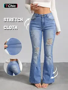 GILIPUR Y2K Vintage Women's Ripped Button Flare Jeans, casual and comfortable stretch high-waisted flare jeans, suitable for everyday wear and all seasons. T-Chic