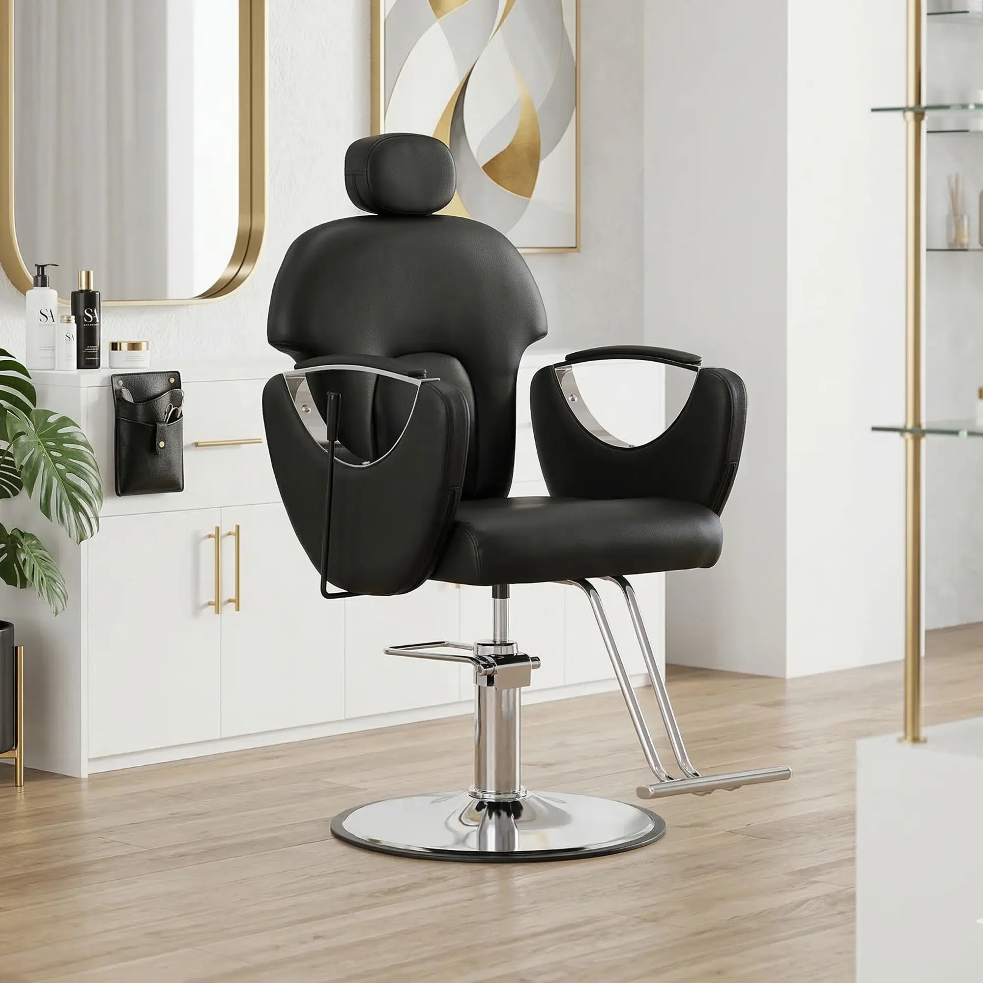 Hydraulic Reclining Salon Chair for Barbershop & Hair Stylist – Height Adjustable, 360° Rotation, Multi-Function Shampoo Chair, Black PU Leather