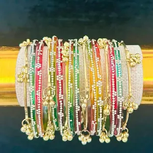 Authentic Kashmiri Style Crystal Bangle Set - Handcrafted 12pcs Multi-Color Glass Bangles with 4 Bangles Gold-Tone Charms