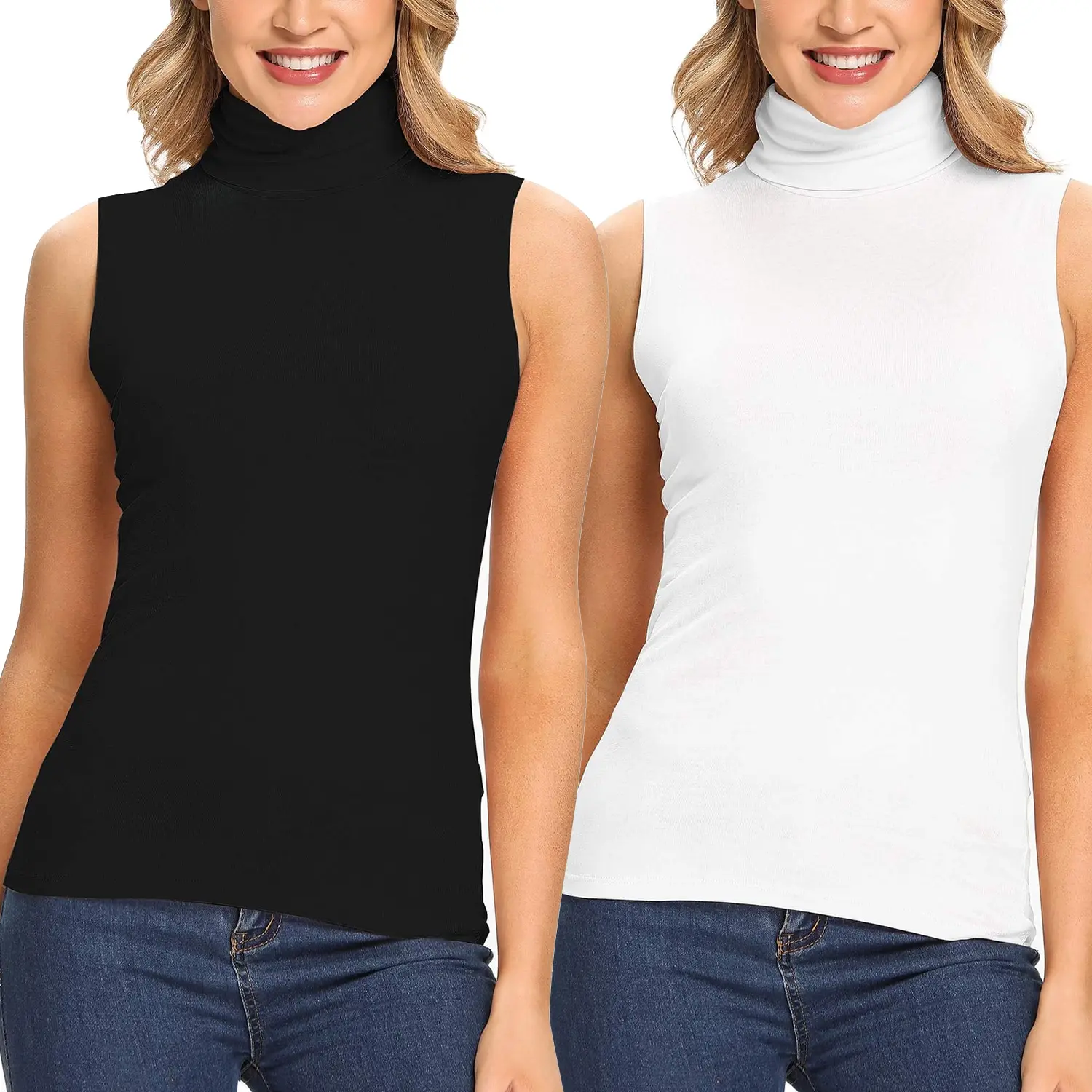 Women's Gorgeous Elegant Mock Turtleneck Sleeveless Fitted Basic Solid Layering T-Shirt - Stretchy, Breathable Fabric, Comfortable Design - Women's Clothing for Casual Wear, Office Outfits, Minimalist, Comfy, High Neck