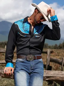 Men's Western Cowboy Shirt with Floral Ethnic Design, Plant, Long Sleeve Mandarin Collar, Casual & Formal Wear, All Season Fitted Style