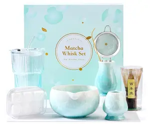 Matcha Whisk Set – Crystalline Glaze Bowl, Bamboo Whisk & Holder, Scoop & Sifter with Holder, Cup with Lid & Straw, Ice Cube Tray & Tea Towel – Blue Matcha Gift Set for Women, Christmas Gifts