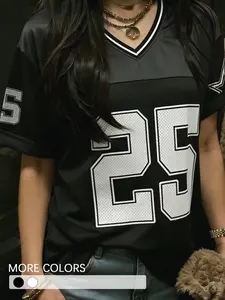 Women's Oversized V-Neck Football Jersey T-Shirt, Number 25 Graphic Sporty Tee For Streetwear Casual Outfits