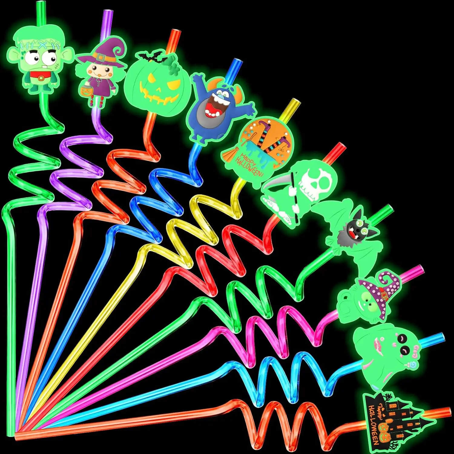 Halloween Glow Straws, 20 count  Luminous Plastic Straws Halloween Party Supplies Bats Pumpkin Drinking Straws Halloween Glow in the Dark Party Supplies