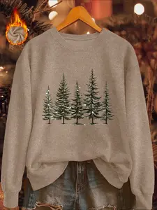 Women's Christmas Casual Fitted Sweater Top, Tree Print Round Neck Pullover, Comfortable Fall & Winter Fashion, Perfect Gift