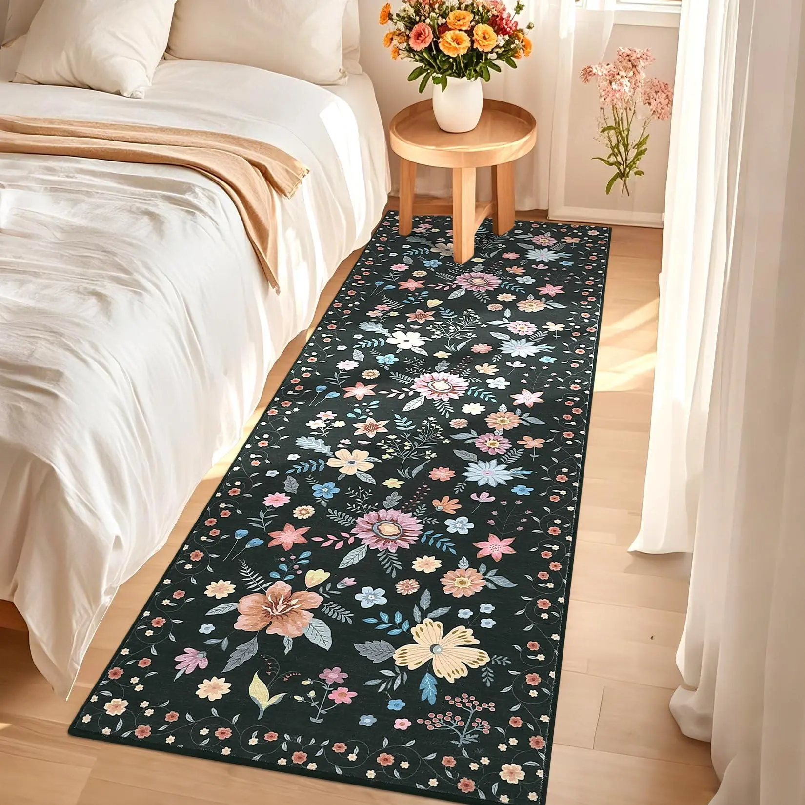 GARVEE 2x6 Runner Rug, Floral Print Hallway Runner Rug, Soft Ultra-Thin Indoor Low Pile Non-Slip Backing Carpet for Kitchen Bedroom, Black