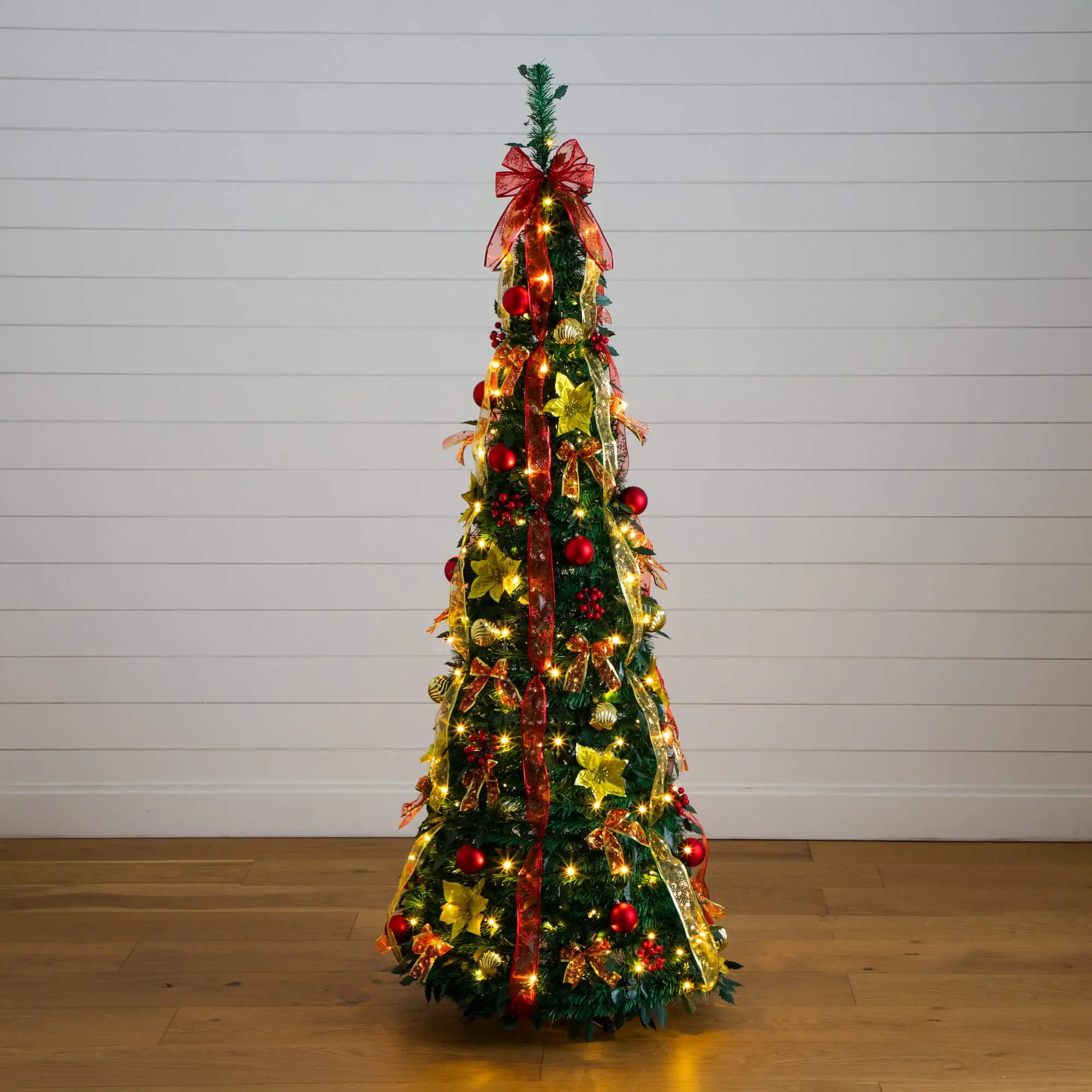 6-ft Pre-Lit Modern Artificial Pop-Up Christmas Tree - Pull-Down Design, 150 Warm White LED Mood Lighting, Red & Gold Ornaments, Ribbons, Plug-Powered Easy-Install Lighted Decoration for Room