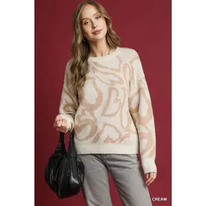 Umgee Heart Print Crew Neck Sweater