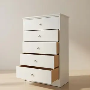 White Chest Five Drawer W Silver Metal Knobs