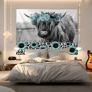 Black and White Highland Cow with Floral Crown Tapestry, Flower Pattern Tapestry, Wall Hanging, Rustic Decor for Living Room or Bedroom, Digital Print Wall Tapestry Featuring Floral Print Design