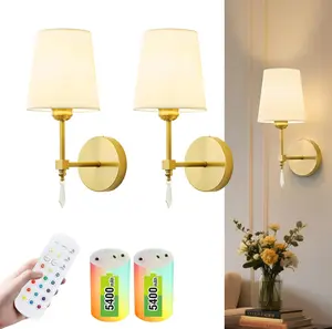 Wireless Wall Sconce Light with Remote Control, Led Light Set of 2 Fabric Shade, Indoor Wireless Lamp For Bedroom Living Room Wash Room