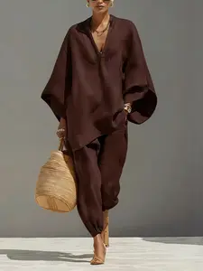 Women'S Pants Set - 2026 Spring/Summer New Loose Batwing Sleeve V-Neck Casual Set For Women, Fashionable And Relaxed Two Piece Sets Women Outfits