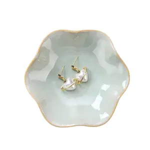 Lotus Leaf Shape Decorative Ring Tray, Small Key Bowl, Ceramic Trinket Tray Jewelry Dish Organizing Necklace Earrings Gift Flower
