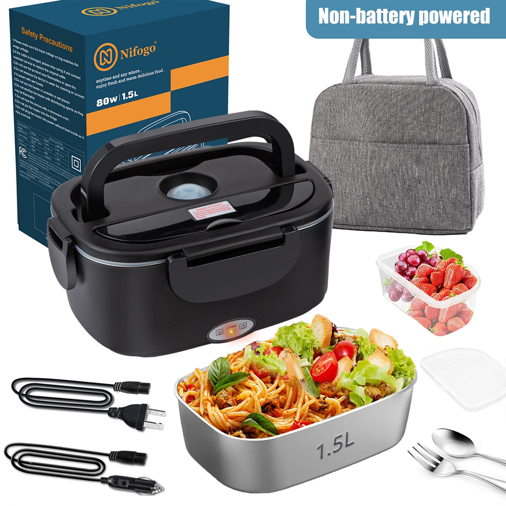 Self Heating Lunchbox - Adult-Sized 100W Fast Heating Leakproof Lunch Box, 110V/12V/24V, 1.5L & 1.8L Stainless Steel Containers, with Carry Bag & Tableware for Car/Home Use