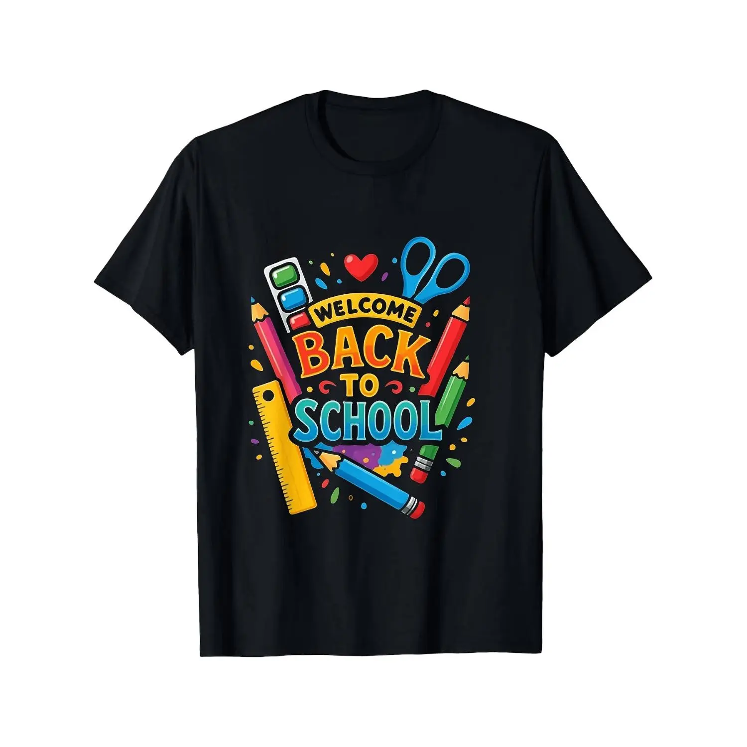 Welcome Back to School T-Shirt - Black with Colorful School Supplies Graphic (Pencils, Hearts, Scissors) - Loose Fit Casual Tee for Teachers, Students, Parents - First Day of School Outfits, Back Same Style for Men and Women Summer Short-sleeved