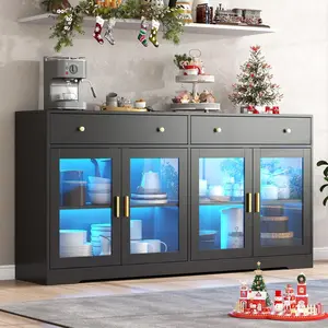 Sideboard Buffet Cabinet with LED Lights, 55.1 Storage Cabinet with 2 Large Drawers & 4 Glass Doors, Modern Kitchen Display Cabinet with Adjustable Shelves, Coffee Bar for Kitchen Living Room (Black) drawer Furniture Organization