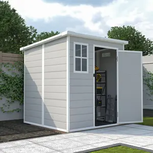 Heavy Duty 6x6 FT Resin Outdoor Storage Shed with Floor, Window, Lockable Doors and Vents, Waterproof Garden Tool Shed for Bike, Lawn Mower and Backyard Organization, All-Weather Utility Shed in Light Grey