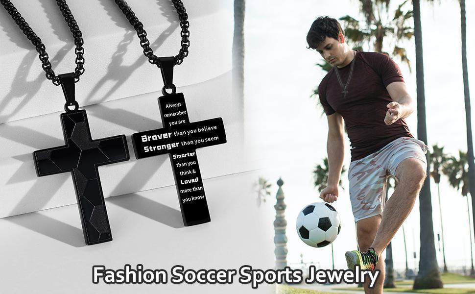 Soccer Cross Necklace for Men Inspirational Bible Verse Cross Pendant Stainless Steel Chain 22+2 inch Soccer Sports Jewelry Football Gift for Men